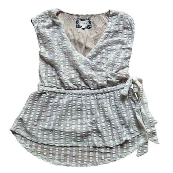 Anthropologie Deletta Size S Beige Malpelo Cap Sleeve Faux Wrap Peplum Blouse - Picture 2 of 13